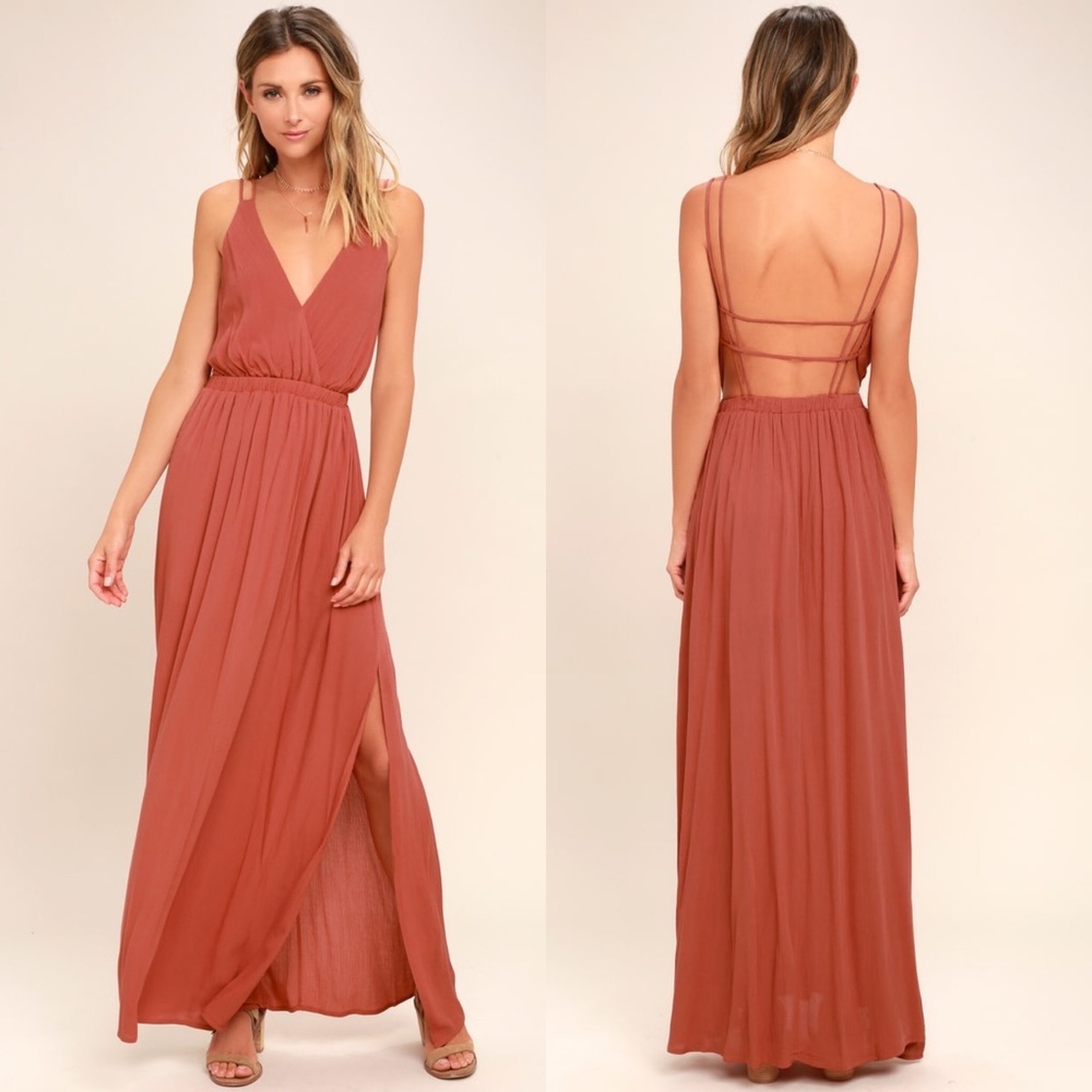 Lulus Lost In Paradise Rusty Rose Maxi Dress Large